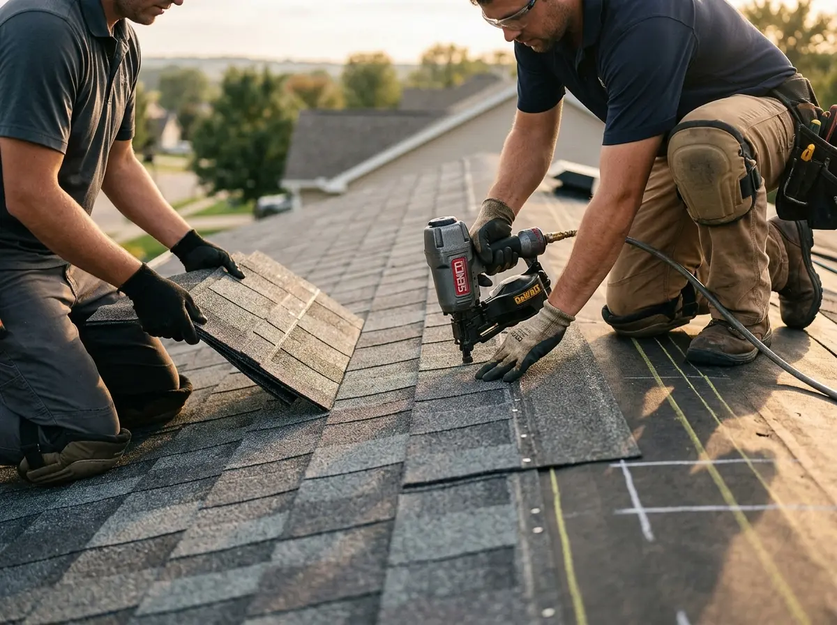 Professional roofer working on a residential roof in Tipp City